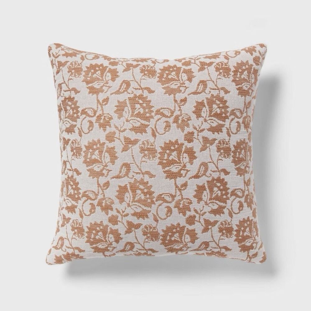 Threshold Woven Floral Euro Decorative Pillow 24x24 Brown Cotton Square Cushion